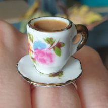 Unique Cup Of Tea Mini Ring Miniature British Handmade Adjustable Gift Boxed - $17.57