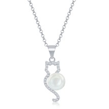 Sterling Silver CZ Cat with Round Pearl Pendant ci 925 cn stamping - £33.51 GBP