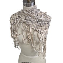 Vtg 80s Stijfselkissie Plaid Hand Woven Shawl Silk Cotton Neutral  Fring... - $42.77