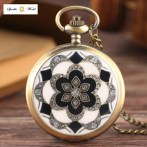 Classic Moroccan Art Black Jade Rhinestones Bronze Pocket Watch Necklace... - $17.64