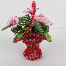 Flower Basket Dark Pink Beads Safety Pin Tramp Art Handmade 6&quot; x 5&quot; Vintage - $9.89