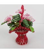 Flower Basket Dark Pink Beads Safety Pin Tramp Art Handmade 6&quot; x 5&quot; Vintage - £7.72 GBP