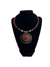 Premier Designs Beaded Pendant Necklace Silver Tone Southwest Red Black Choker - $14.85