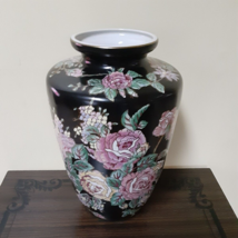 Vintage Asian Large Vase in beautiful colorful hand painted black and pink - £43.78 GBP