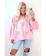 Light Pink Embroidered Bow Lantern Sleeve Oversized Pullover Sweatshirt - $4,702.41 MXN