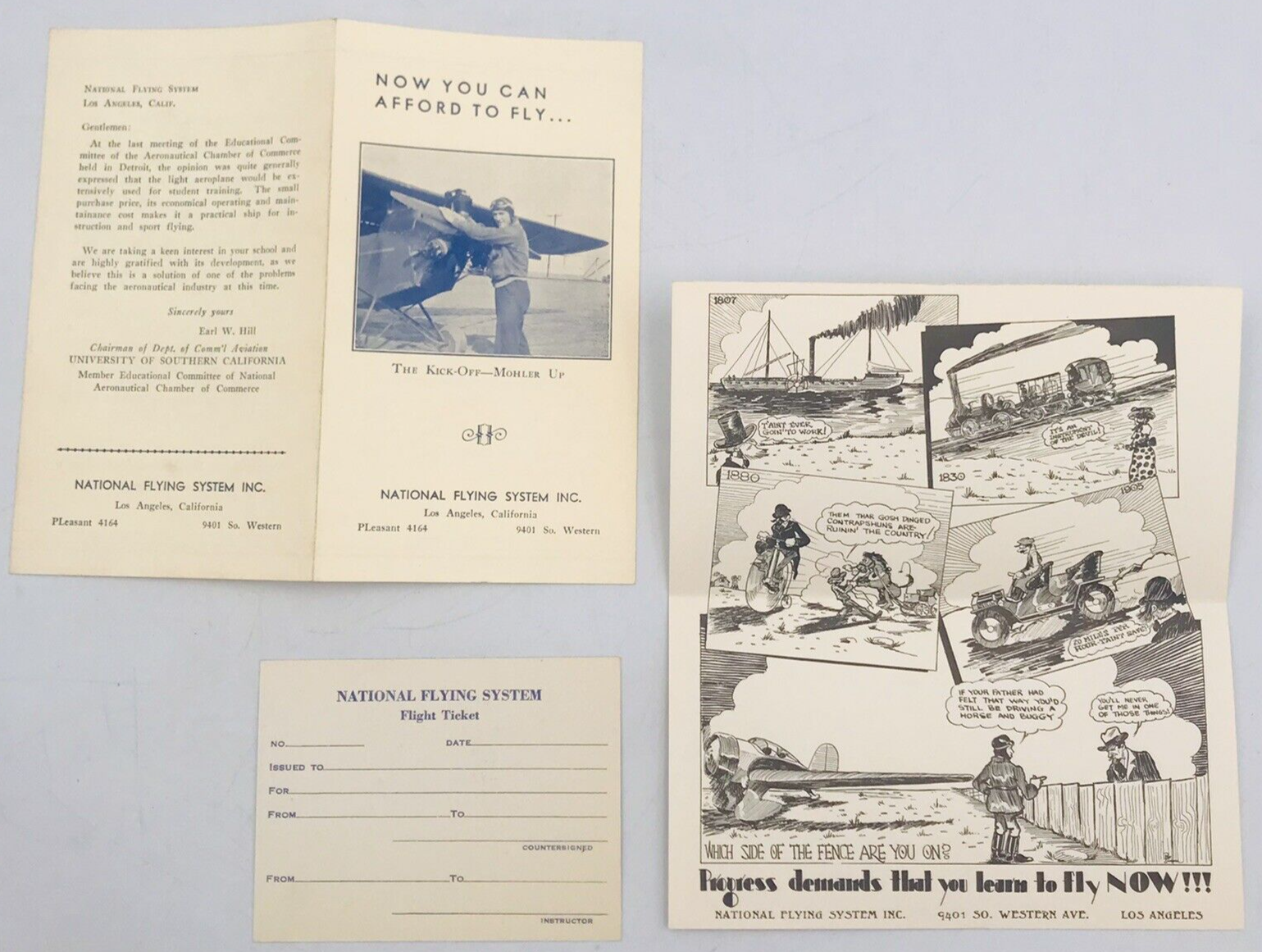 Primary image for Vintage 1932 Learn to Fly Ad Brochure National Flying System w/ Cartoon LA, CA