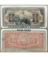 RARE OLD NOTE - ECUADOR 1938 5 SUCRES Banknote - P84b - Auth QUITO CIRC ... - $64.95