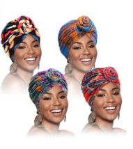  4 Pieces African Pattern Headwrap Pre-Tied Bonnet Turban Knot Beanie Ca - £19.93 GBP