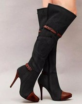 Women&#39;s Sexy Black Denim Over the Knee High Heel Buckle Boots SZ US 6-9.5 - £59.74 GBP