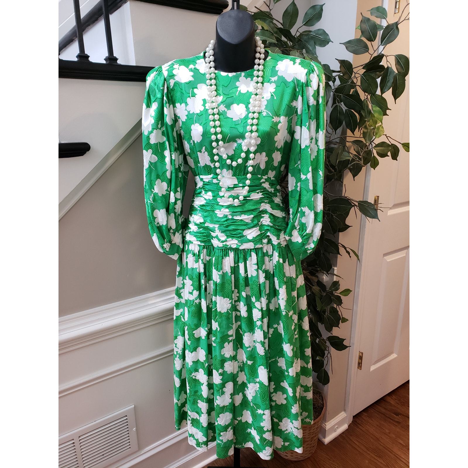 VTG Maxi Dress Women's Small Green Floral Lined Crew Neck Long Sleeve Back Zip Item image 5