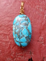 Turquoise Magnasite hand wrapped swirl pendant. wire wrapped, gold color wire. - £15.98 GBP