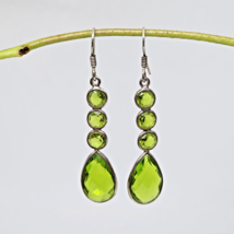 925 Sterling Silver - Bezel Set Green Glass Crystal Drop Dangle Earrings - £18.00 GBP