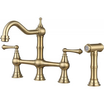  Brushed Gold deck mounted Bridge Kitchen Faucet with Brass Sprayer NEW - £223.08 GBP