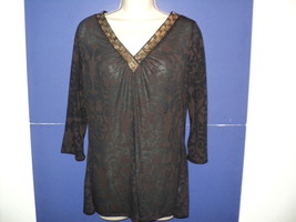 Cynthia Rowley Top Shirt Size M Semi-Sheer Burnout Brown Black Sequin Neckline - £9.58 GBP