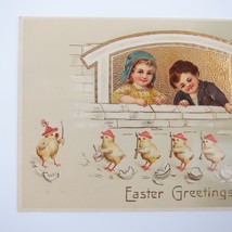 Easter Postcard Boy &amp; Girl Yellow Chick Marching Soldiers Gold Embossed Antique - £7.98 GBP