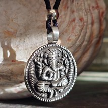 Ganesh Necklace Pendant Ganesha Hindu Elephant God Pewter Tie Cord &amp; Box... - $13.69