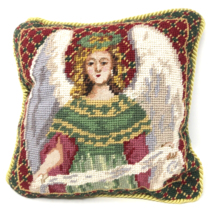 Vintage Handmade Wool Needlepoint Victorian Angel Pillow Green Velvet Back 9” - £26.65 GBP