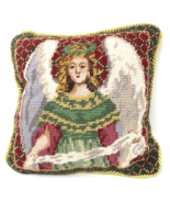 Vintage Handmade Wool Needlepoint Victorian Angel Pillow Green Velvet Ba... - £26.65 GBP