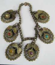 ESTATE SALE NECKLACE antique brass green red blue flower ART DECO 7.5&quot; - £52.18 GBP