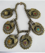 ESTATE SALE BRACELET antique brass green red blue flower ART DECO 7.5&quot; - $1,285.60 MXN