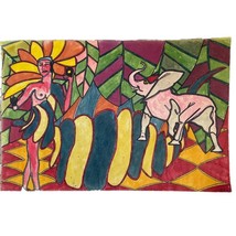 Vintage 1980 Watercolor Paper Elephant and Woman w/ Black Glove by ED / ESG - £77.76 GBP