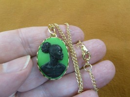 CA10-193) RARE African American LADY green + black CAMEO brass pendant necklace - £21.63 GBP