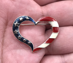 Signed NRT Silver Tone USA Flag Open Heart Enamel Brooch Pin 1.25&quot;x1&quot; Patriotic - £7.58 GBP