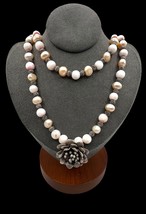 Sterling Silver Natural Conch Shell Pearl Multi Strand Beaded Floral Necklace - $64.99