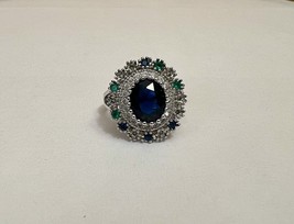 Blue Flower Type Ring Silver Colored Band Size 8-10 Approx - $19.99
