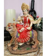 Hindu Goddess Durga Wearing Red Sari Riding On Tiger Figurine 8.5&quot; Tall ... - $55.99
