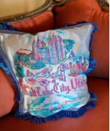 Vintage 1940s-50s Salt Lake City Utah Fringed Silk Souvenir Pillow Cover - $48.96
