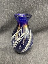 Iridescent Art Glass Cobalt Blue Perfume Bottle Pulled Feather 4 Inches - £22.21 GBP