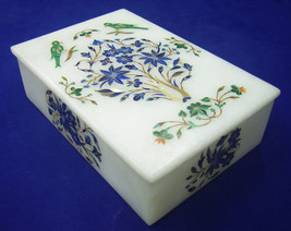 6&quot;x4&quot;x2&quot; Marble Jewelry Box Lapis Lazuli Malachite Inlay Floral Parrot Art Decor - £400.04 GBP