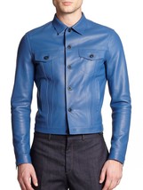 Handmade Men&#39;s Blue Leather Jacket, Men&#39;s New Blue Biker Leather Fashion Jacket - £114.95 GBP