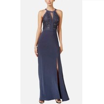 Nightway Womens Petite 10P Navy Blue Lace Trim Halter Long Gown NWT BZ70 - £43.06 GBP