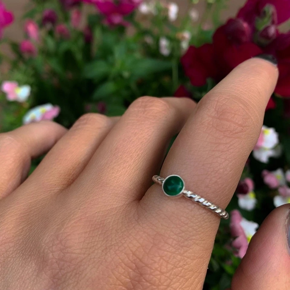 Solid 925 Silver Green Malachite Stacking Ring| Dainty Malachite Women's Ring Item image 5
