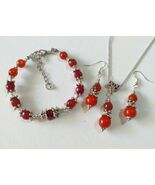 Victorian Silver tile red quartz jewelry set necklace earrings bracelet ... - $115.49 CAD
