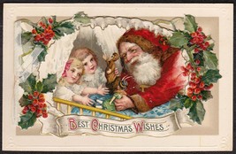 Winsch Back Christmas Santa Die-Cut, Emb., Booklet &amp; Ribbon Color Postcard - $99.75