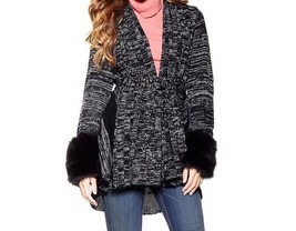 Women&#39;s Winter Wool black fur Cowl-Hood Cardigan Sweater coat jacket plus2X3X US - £79.61 GBP