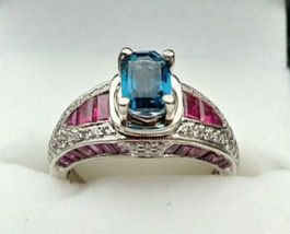 1 Ct Art Deco Emerald Cut Simulated Blue Sapphire Ring 925 Silver Gold Plated - £84.34 GBP