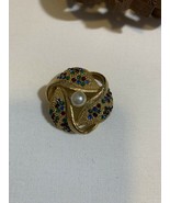 ART Signed Vintage Gold Brooch With Colorful Rhinestones - £15.64 GBP