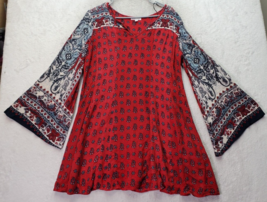 Patrons of Peace Boho Dress Women Size Small Red Floral Lined Long Sleeve V Neck - £18.84 GBP