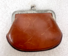 Antique Tiny Leather Coin Purse 2 3/4 x 2 1/4 inch w Religious Bits Has ... - $24.26