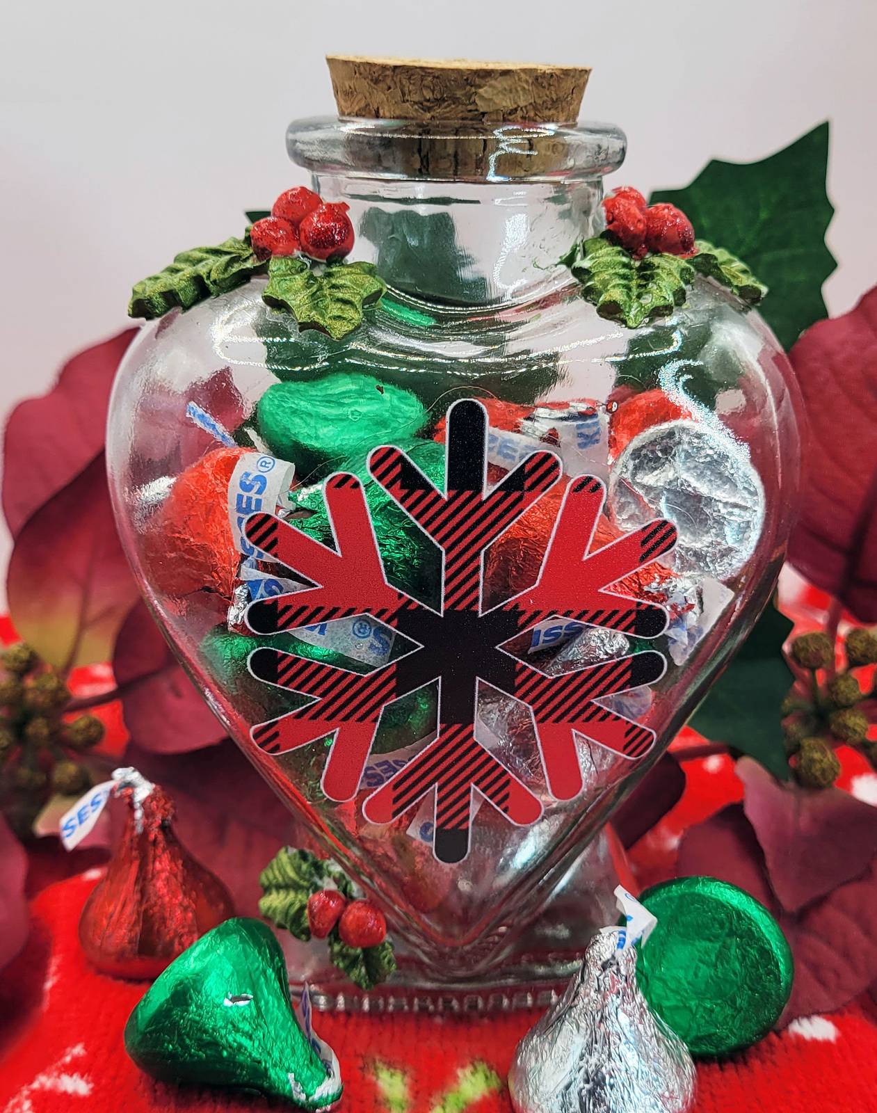 Buffalo Plaid Snowflake Heart Glass Jar, Filled With Kisses Christmas Ho... - $5.95