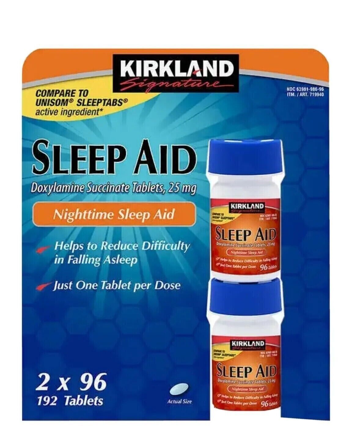 Kirkland Signature Sleep Aid Doxylamine Succinate 25 Mg 2 X 96 Tablets 1... - $13.08