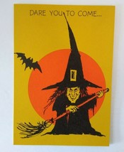 Vintage Halloween Greeting Card Party Invite Witch Big Moon Bat Original 1950&#39;s - £13.55 GBP