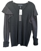 H Halston Women&#39;s Ruffle Shoulder Sweater Long Sleeve V-Neck Size XL Black - £18.30 GBP