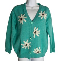 Embroidered Knit Cardigan Sweater M Blue Green Buttons V Neck Yarn Flowe... - £21.89 GBP