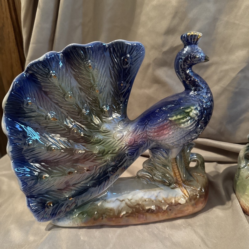 Vintage Ceramic Peacock Figurines Pair Iridescent Finish Bird Statues Decor Item image 2