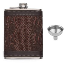 Hip Flask with Funnel Stainless Steel Body with Snake Skin Pattern Leath... - $27.49